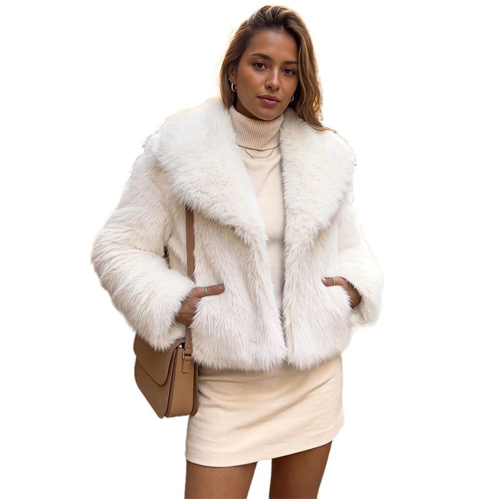 Womens Faux Fur Coat Fuzzy Long Sleeve Lapel Oversized Winter Jacket White